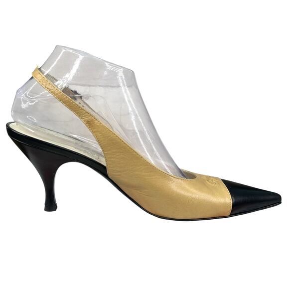 Salvatore Ferragamo Women’s Tan Black Pointed Toe Kitten Heel Size 9 B - Picture 4 of 12